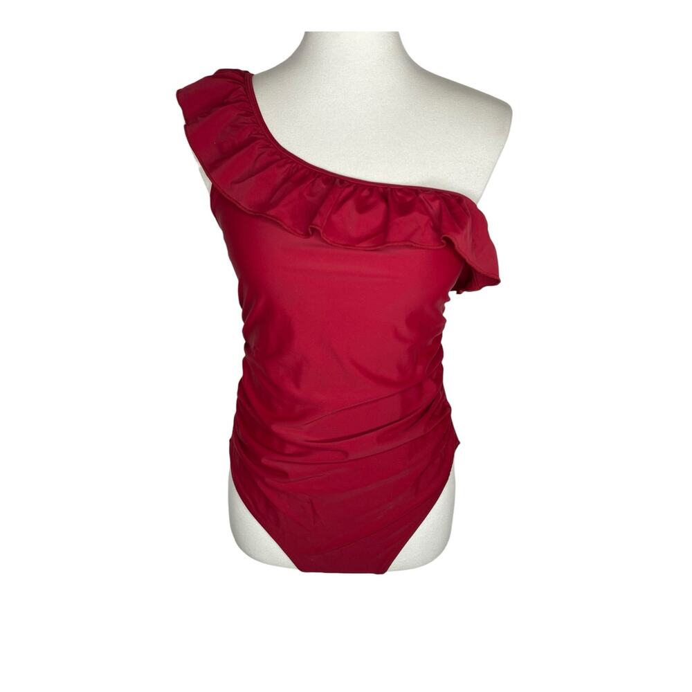 Dokotoo One Shoulder Ruffle Swimsuit Red Ruched One Piece Large NWT Coquette